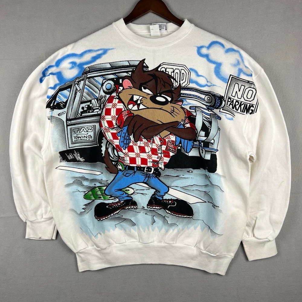 Looney Tunes Tasmanian Devil Taz Towing White Crewneck Sweatshirt XL